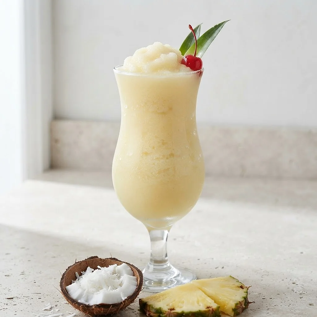 Hurricane-Glas mit Piña-Colada-Slush, daneben eine aufgeschlagene Kokosnuss und Ananas
